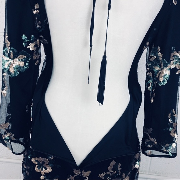 WYLDR Black floral sequin dress mini open back L - Picture 8 of 8